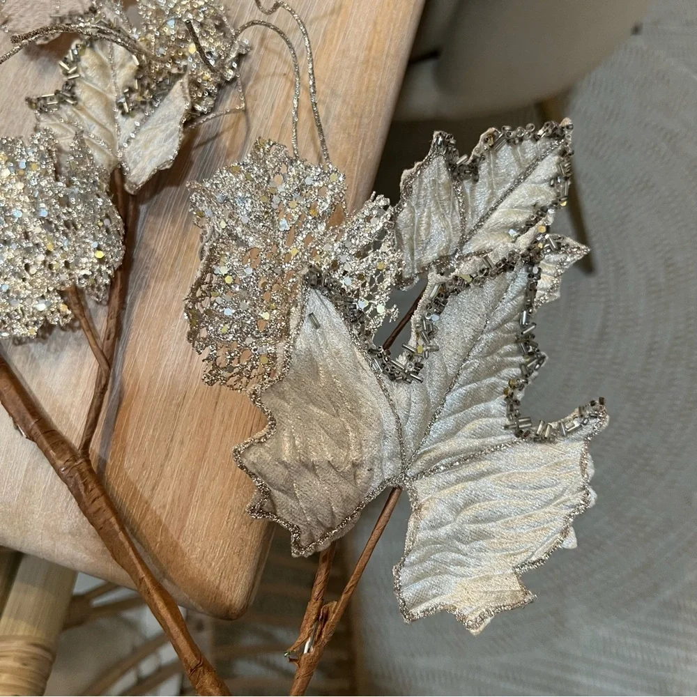 Metallic Glitter Champagne and Taupe Fig Leaf Holiday Garland